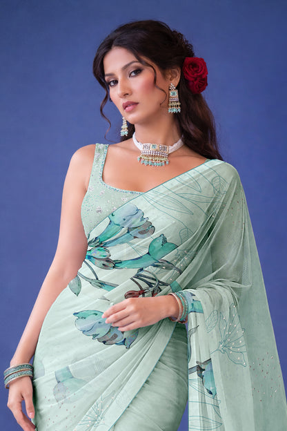 Ira hand Sketch floral Printed Satin silk tissue Saree - Mint Green