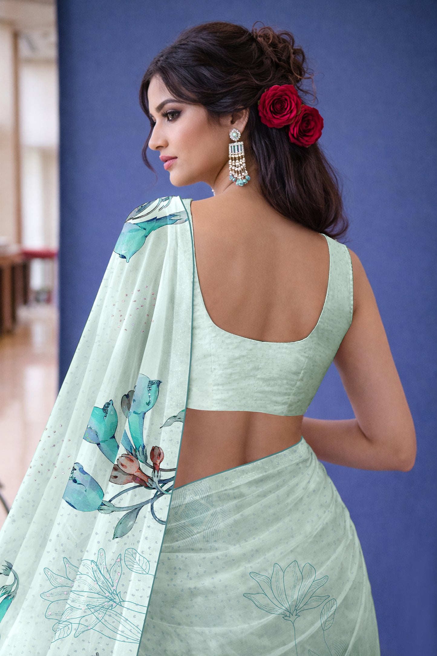 Ira hand Sketch floral Printed Satin silk tissue Saree - Mint Green