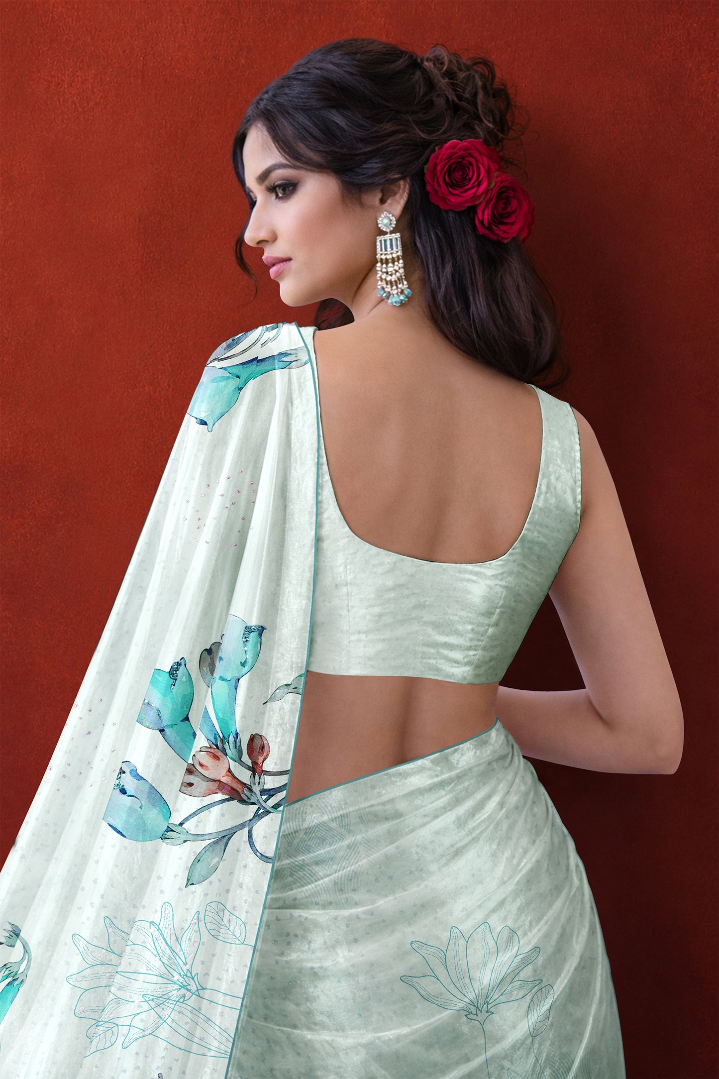 Ira hand Sketch floral Printed Satin silk tissue Saree - Mint Green
