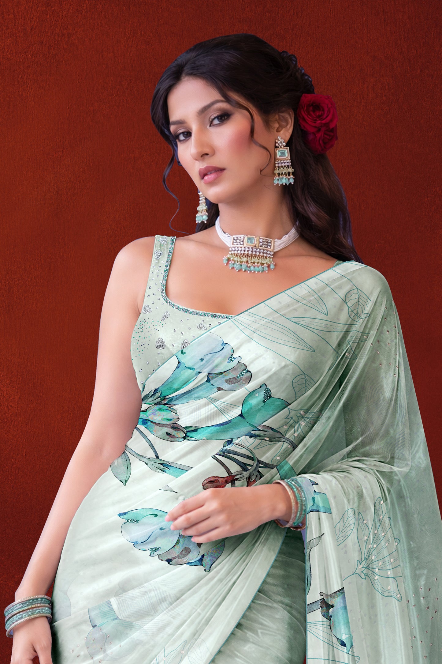 Ira hand Sketch floral Printed Satin silk tissue Saree - Mint Green