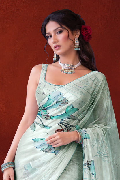 Ira hand Sketch floral Printed Satin silk tissue Saree - Mint Green