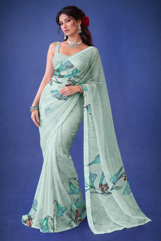 Ira hand Sketch floral Printed Satin silk tissue Saree - Mint Green