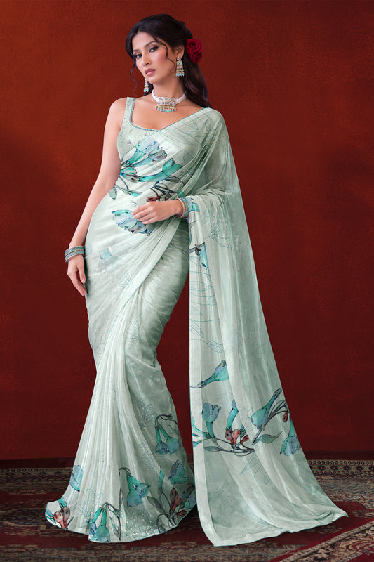 Ira hand Sketch floral Printed Satin silk tissue Saree - Mint Green