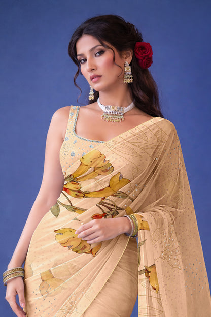 Ira hand Sketch floral Printed Satin silk tissue Saree - Ivory beige