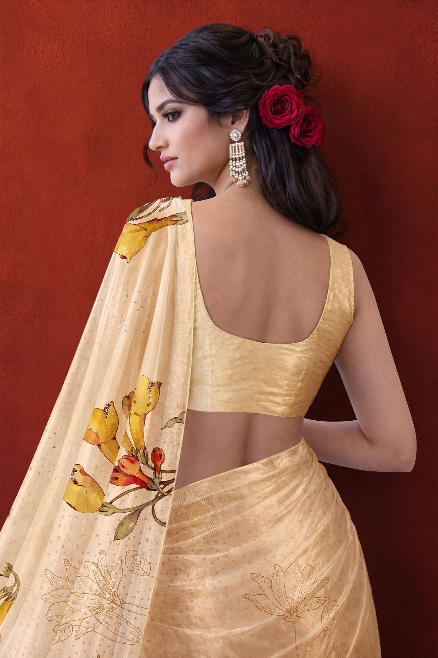 Ira hand Sketch floral Printed Satin silk tissue Saree - Ivory beige
