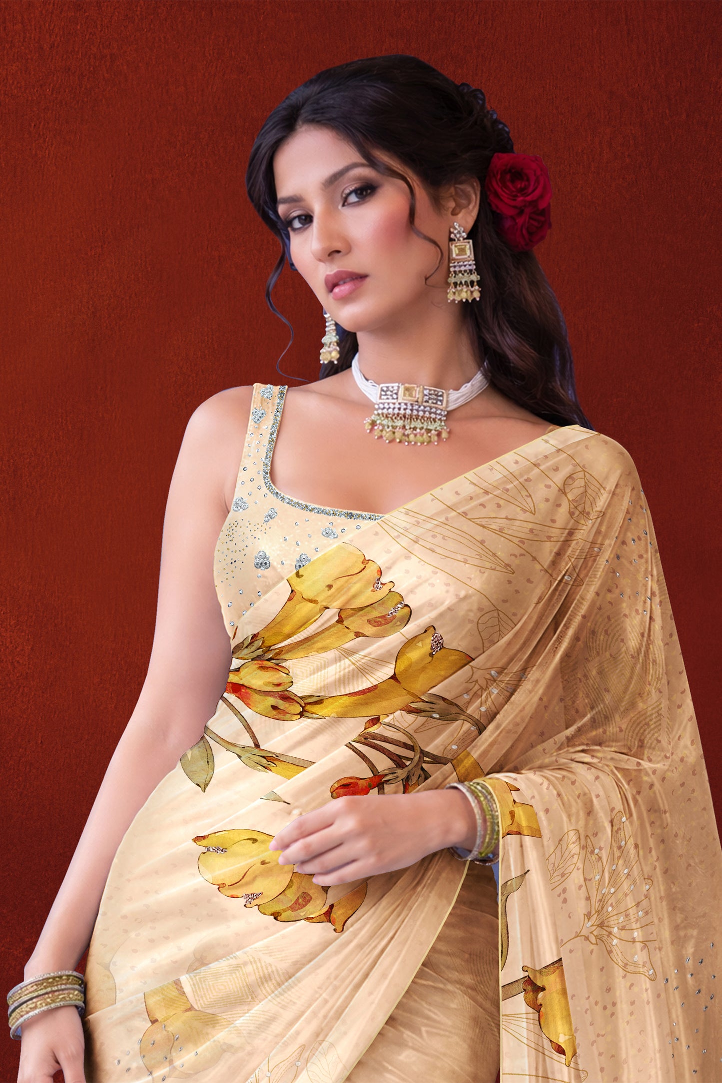 Ira hand Sketch floral Printed Satin silk tissue Saree - Ivory beige