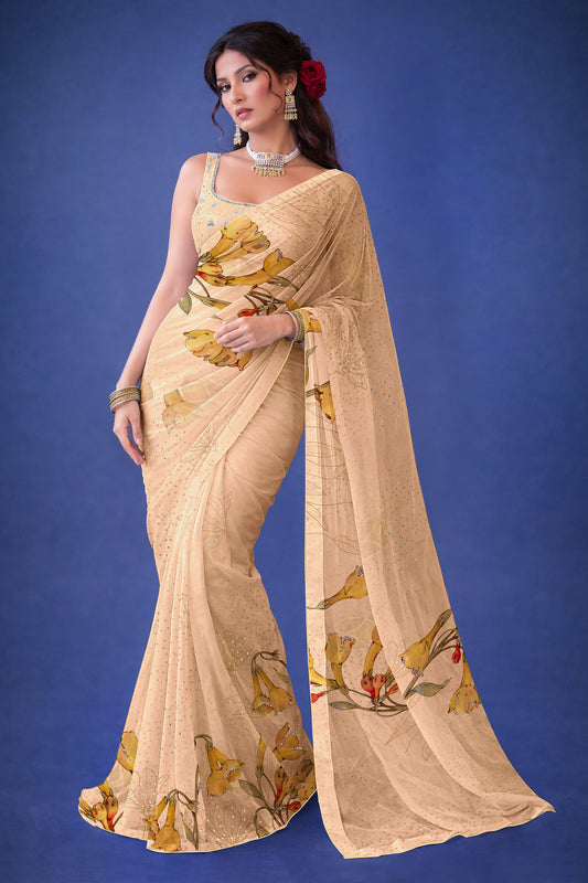 Ira hand Sketch floral Printed Satin silk tissue Saree - Ivory beige
