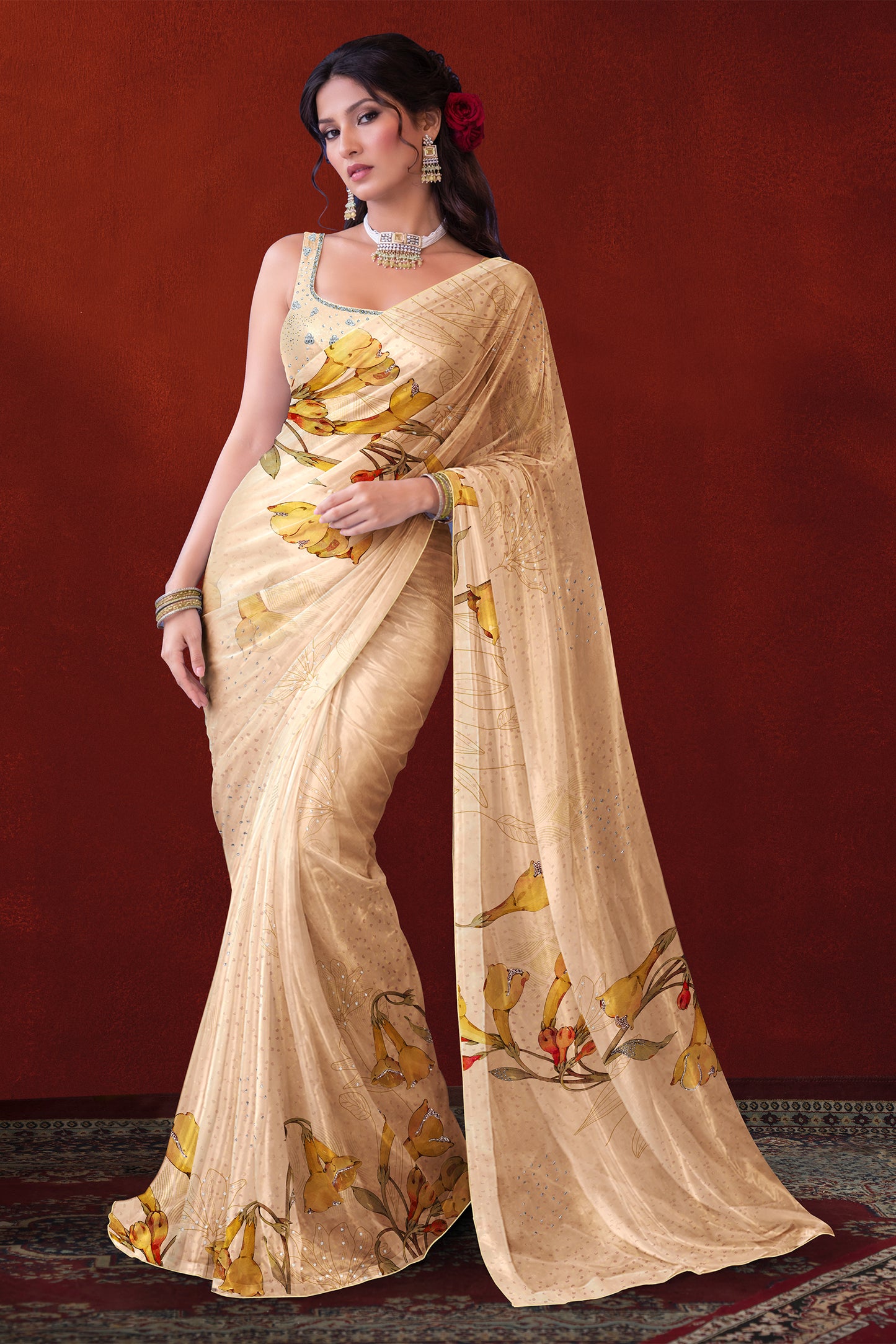 Ira hand Sketch floral Printed Satin silk tissue Saree - Ivory beige