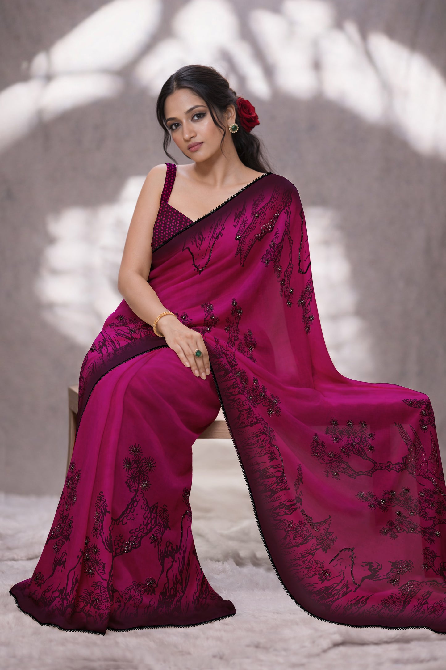 Vihana Hand Beaded Black and Wine Saree
