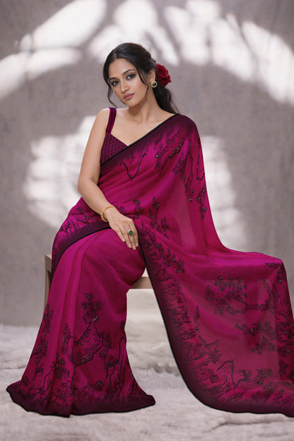 Vihana Hand Beaded Black and Wine Saree