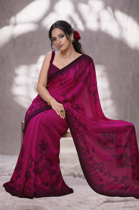 Vihana Hand Beaded Black and Wine Saree
