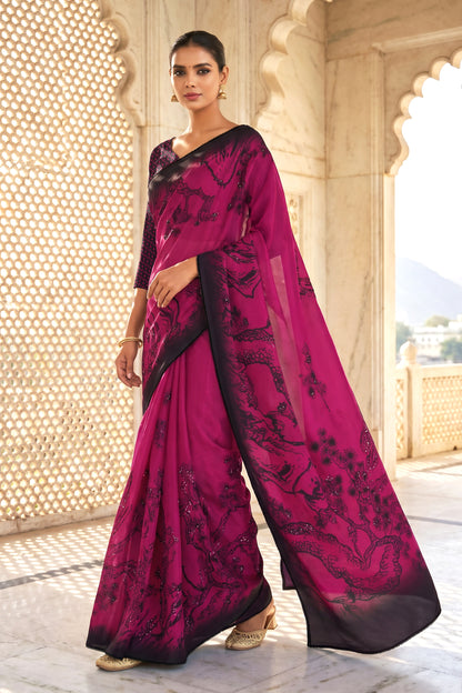 Vihana Hand Beaded Black and Wine Saree