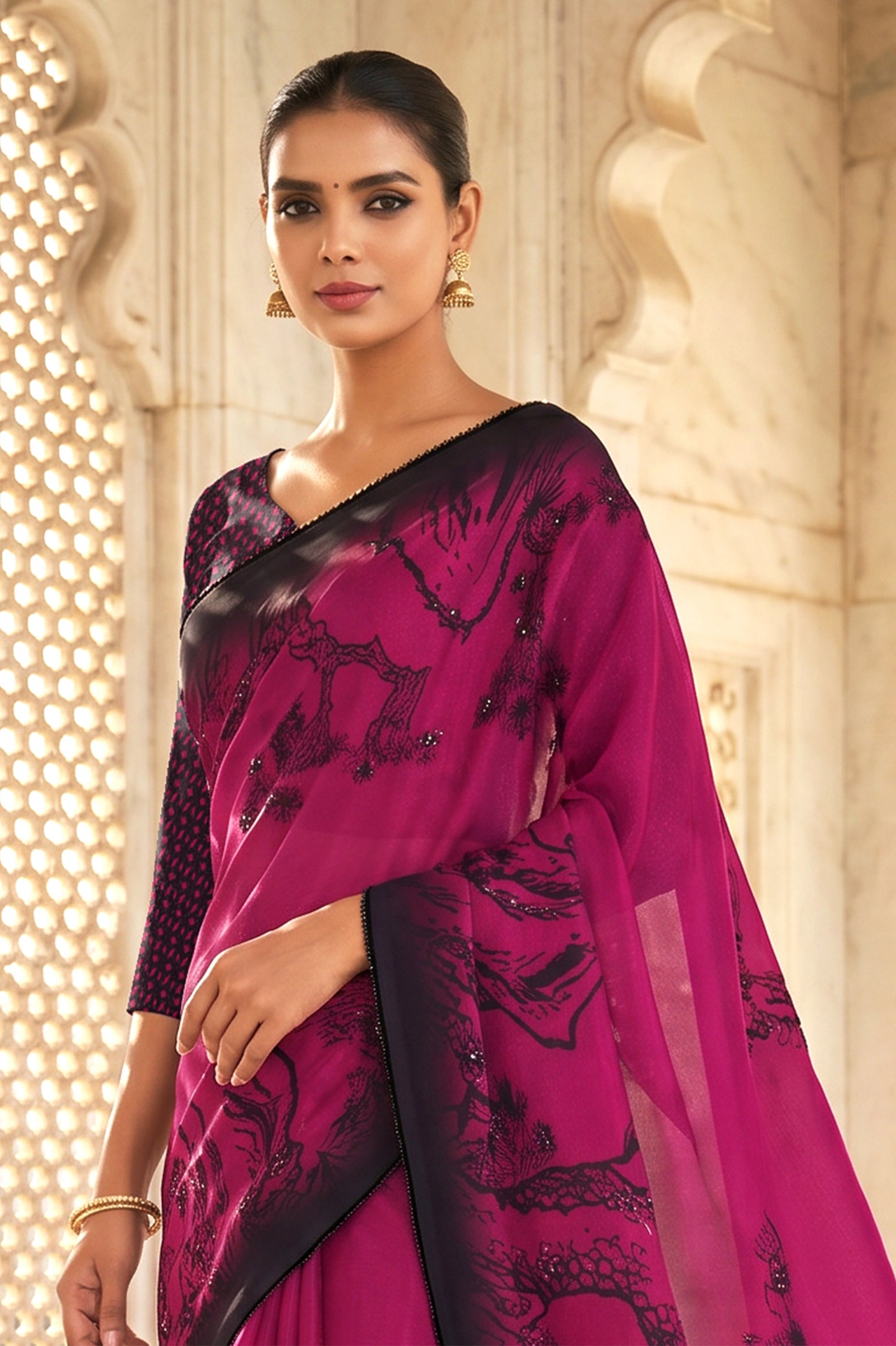 Vihana Hand Beaded Black and Wine Saree