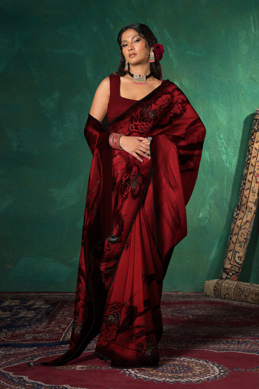 Crimson Noir Bloom Saree