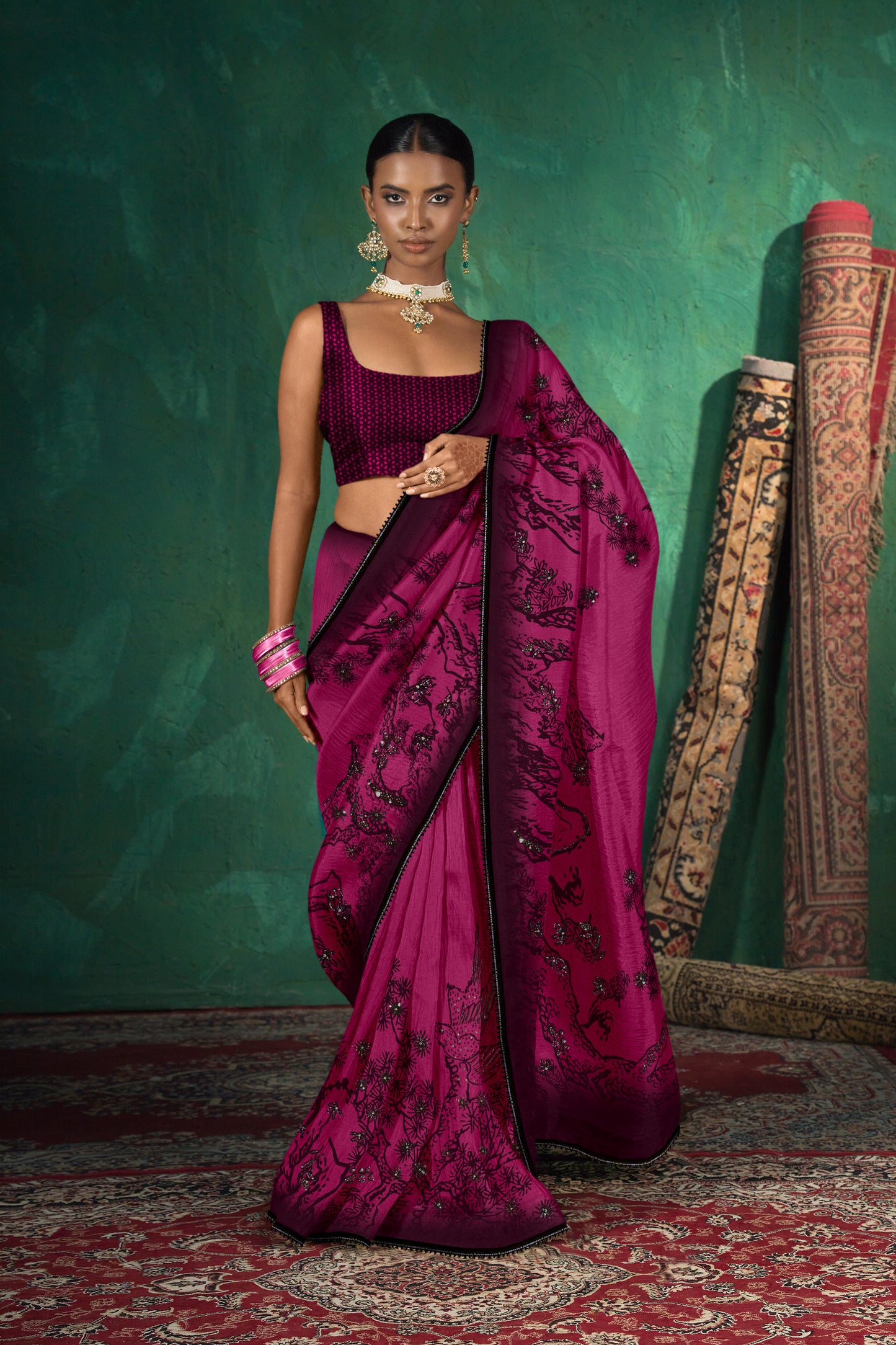 Vihana Hand Beaded Black and Wine Saree
