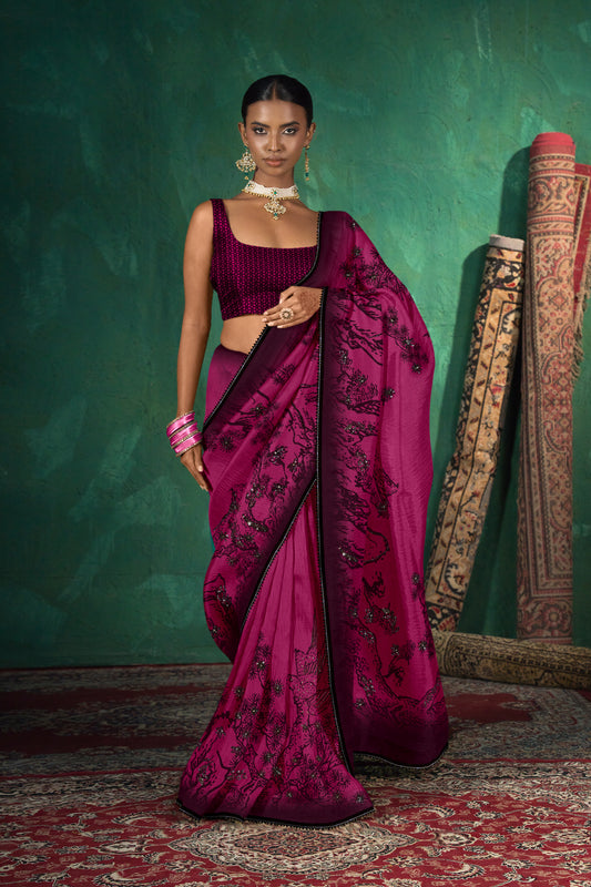 Vihana Hand Beaded Black and Wine Saree