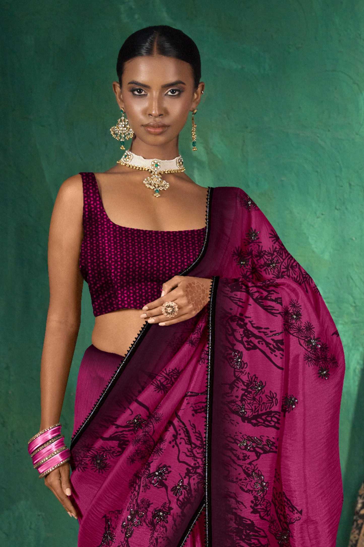 Vihana Hand Beaded Black and Wine Saree