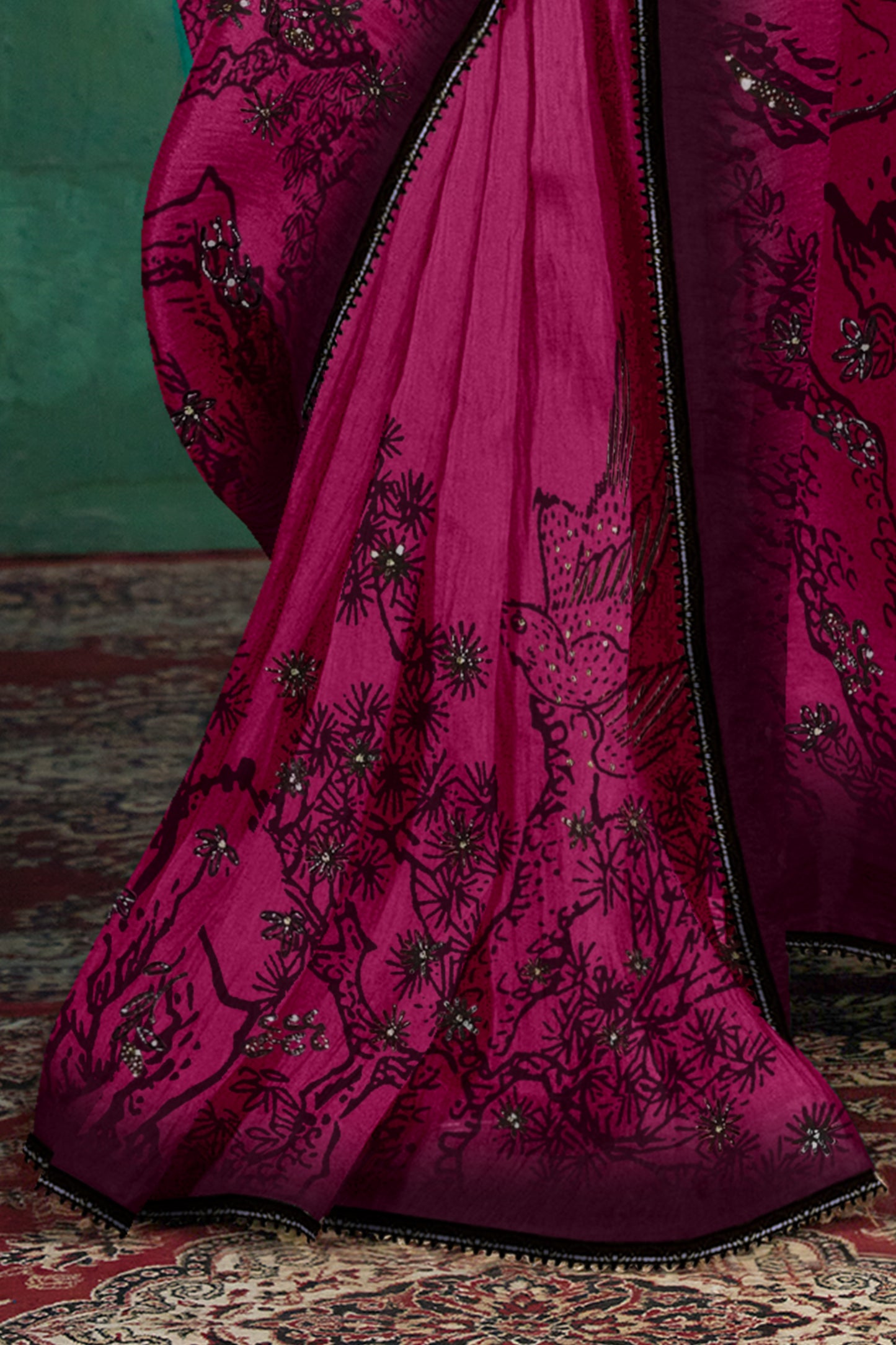 Vihana Hand Beaded Black and Wine Saree