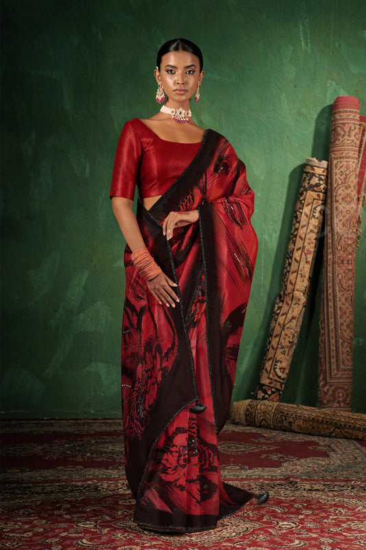 Crimson Noir Bloom Saree