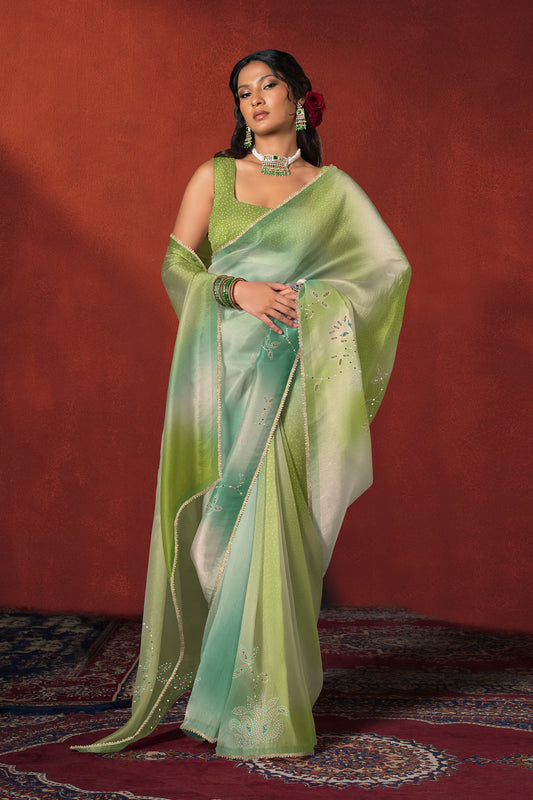 Mint Lime Ombre Bandhani Print Embroidered Saree