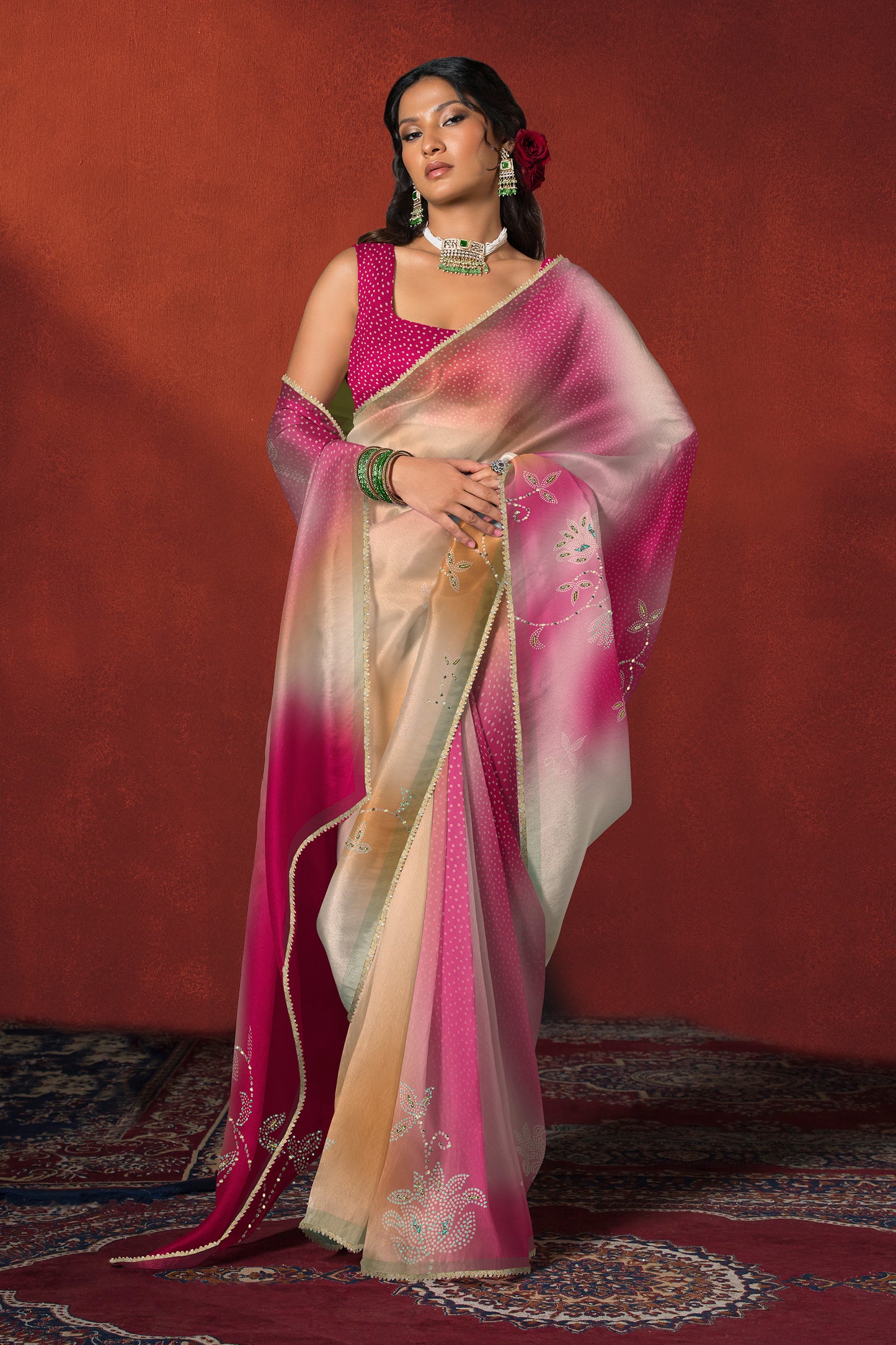 Rani Pink Bandhani Ombre Embroidered Saree