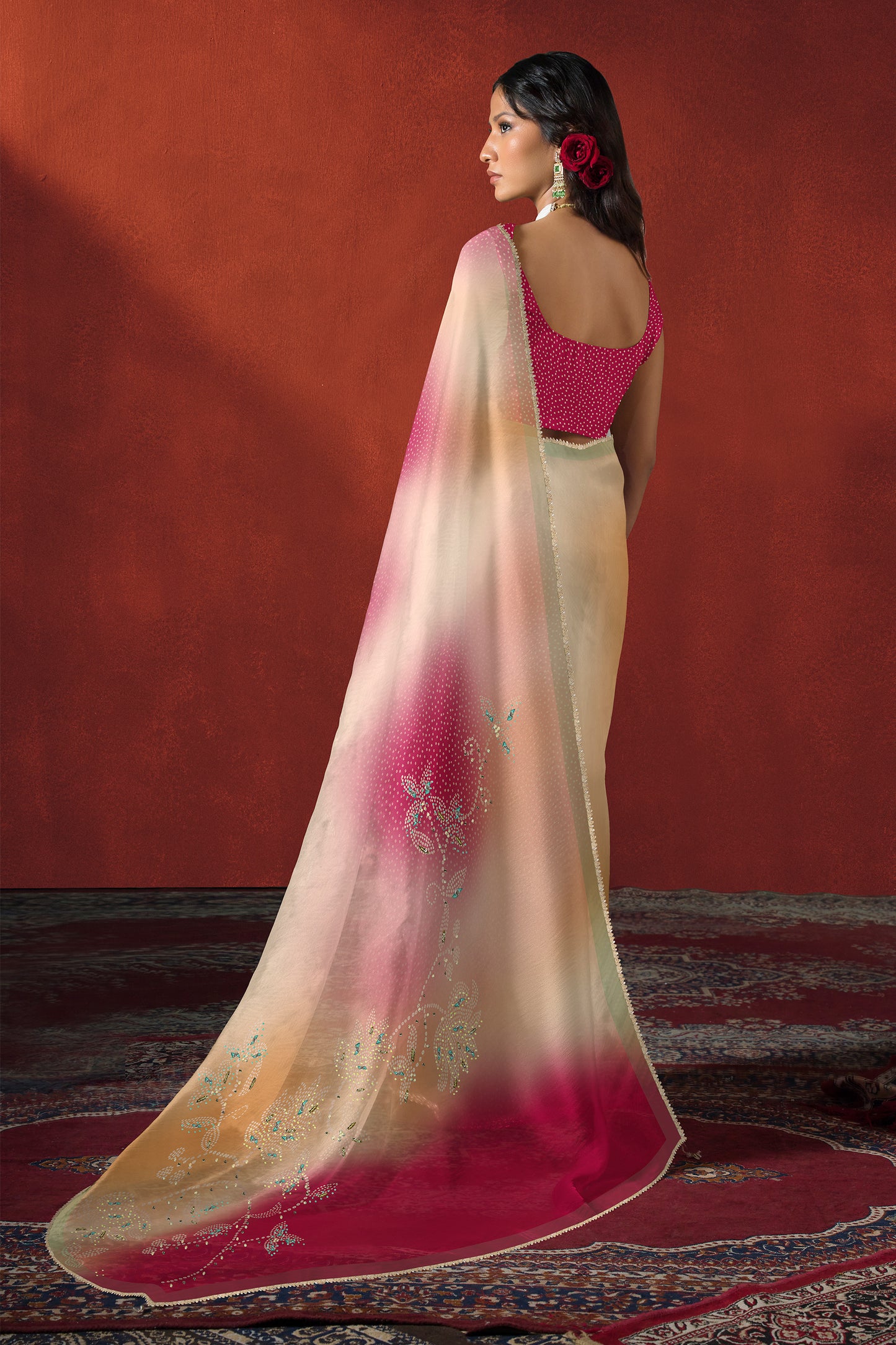 Rani Pink Bandhani Ombre Embroidered Saree