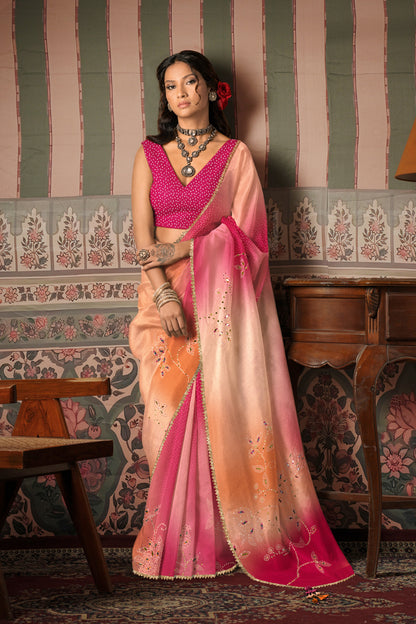 Rani Pink Bandhani Ombre Embroidered Saree