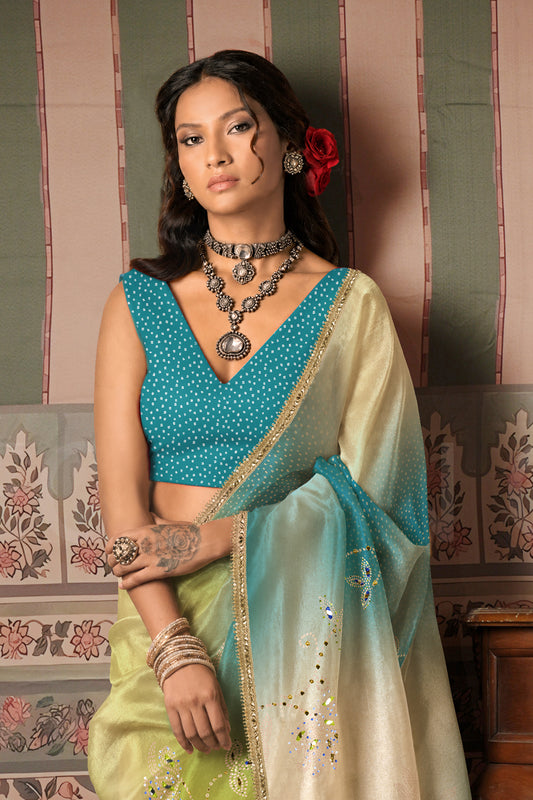 Teal Blue Bandhani Ombre Embroidered Saree