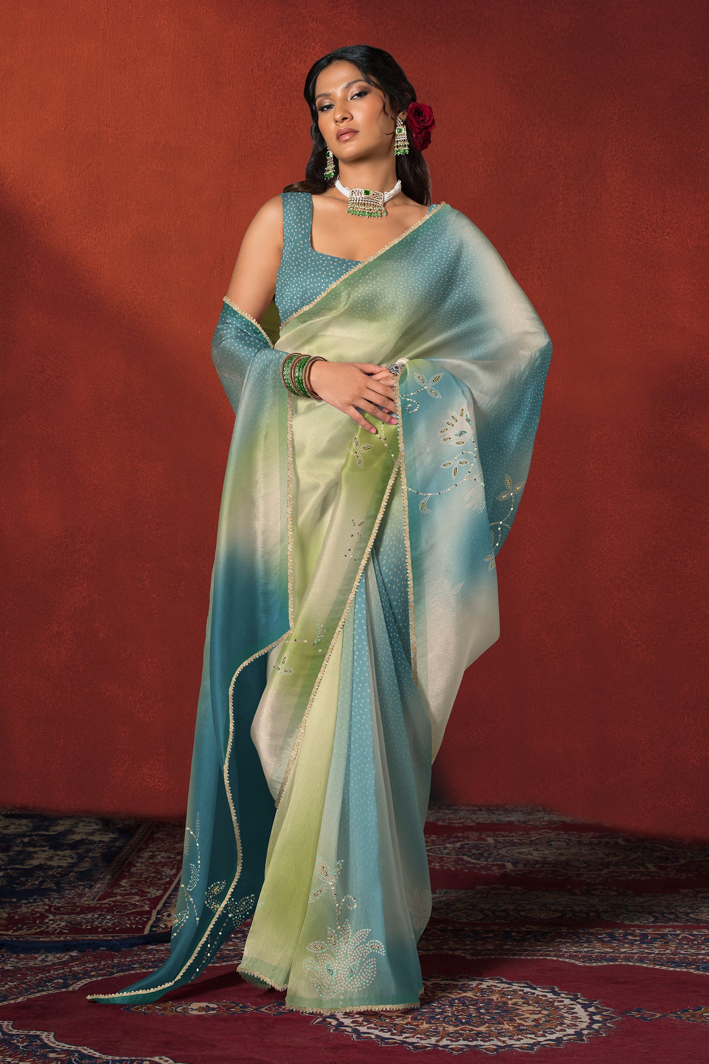 Teal Blue Bandhani Ombre Embroidered Saree
