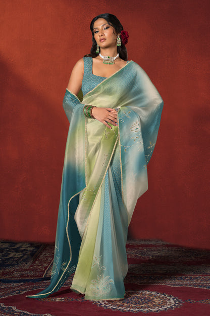 Teal Blue Bandhani Ombre Embroidered Saree
