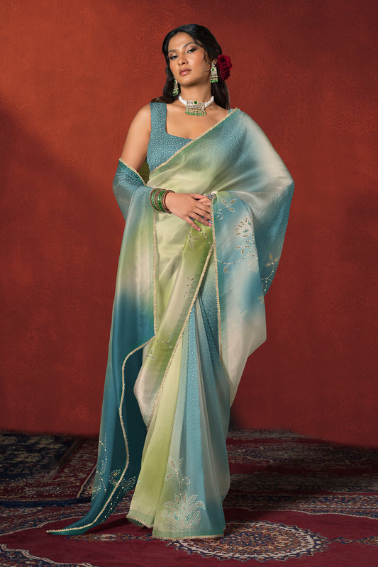 Teal Blue Bandhani Ombre Embroidered Saree