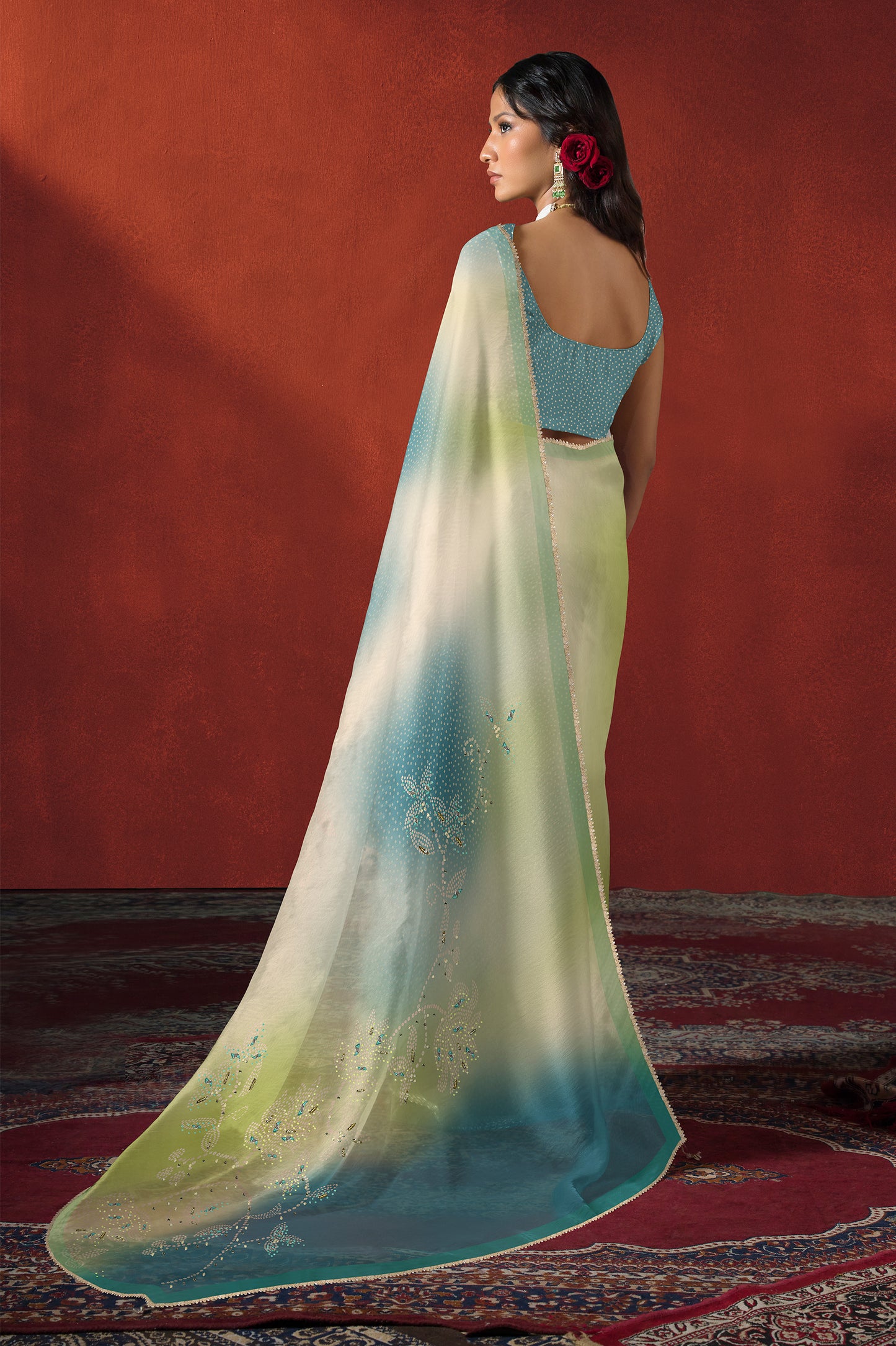 Teal Blue Bandhani Ombre Embroidered Saree