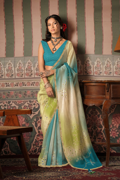 Teal Blue Bandhani Ombre Embroidered Saree