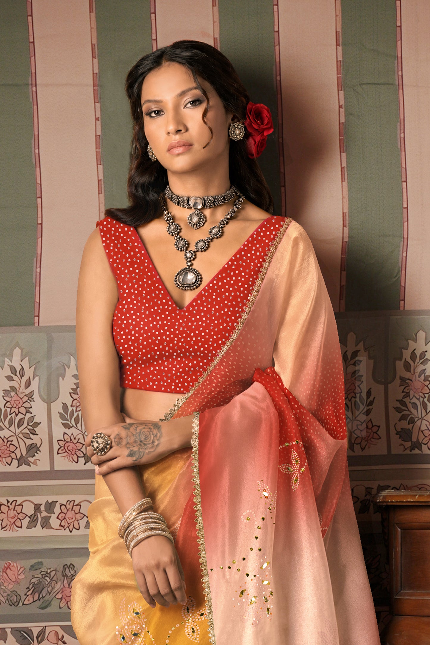 Rust Orange Bandhani Ombre Embroidered Saree