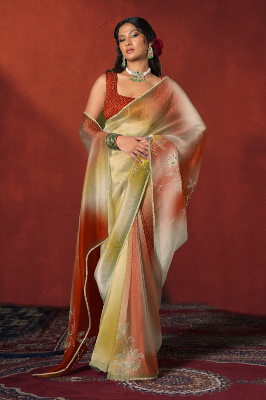 Rust Orange Bandhani Ombre Embroidered Saree