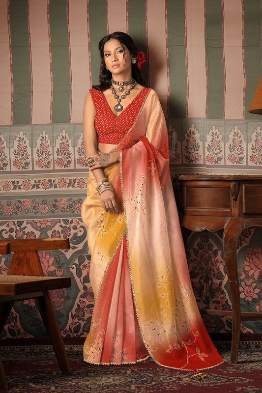 Rust Orange Bandhani Ombre Embroidered Saree