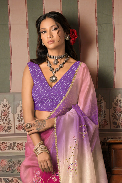 Soft Lilac Bandhani Ombre Embroidered Saree