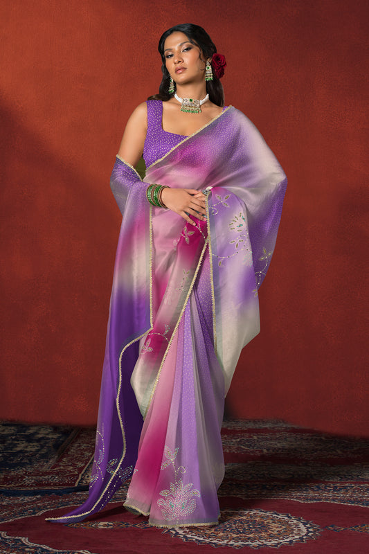 Soft Lilac Bandhani Ombre Embroidered Saree