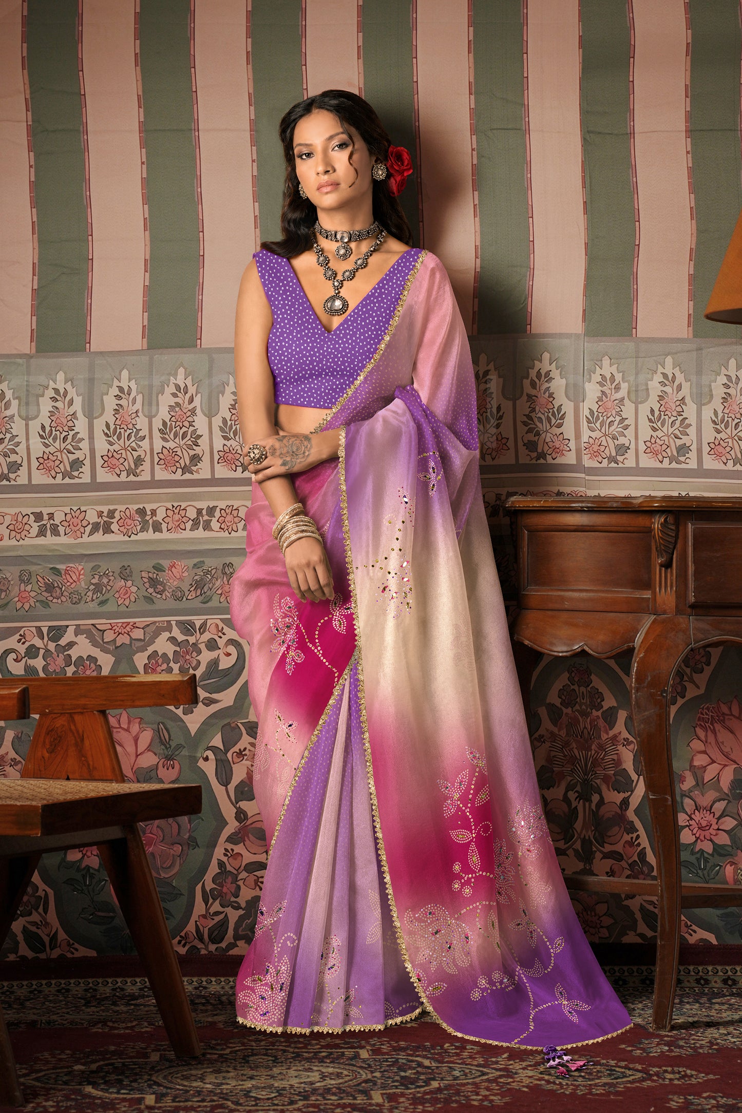 Soft Lilac Bandhani Ombre Embroidered Saree