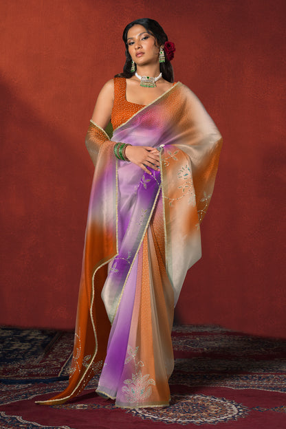 Burnt Orange Bandhani Ombre Embroidered Saree