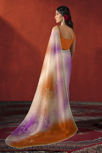 Burnt Orange Bandhani Ombre Embroidered Saree