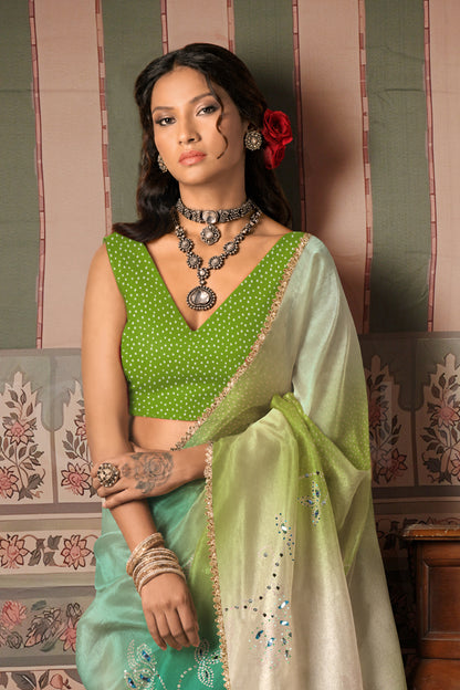 Mint Lime Ombre Bandhani Print Embroidered Saree