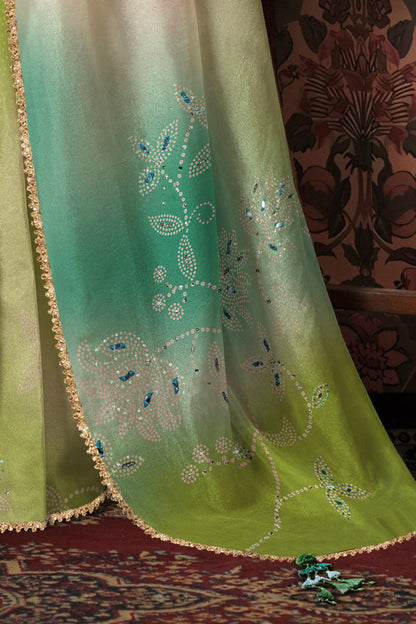 Mint Lime Ombre Bandhani Print Embroidered Saree