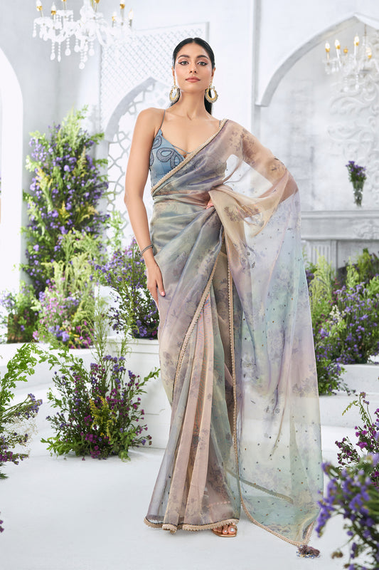 Lavender spray concept Floral Printed Saree with hand Embroidered Blouse