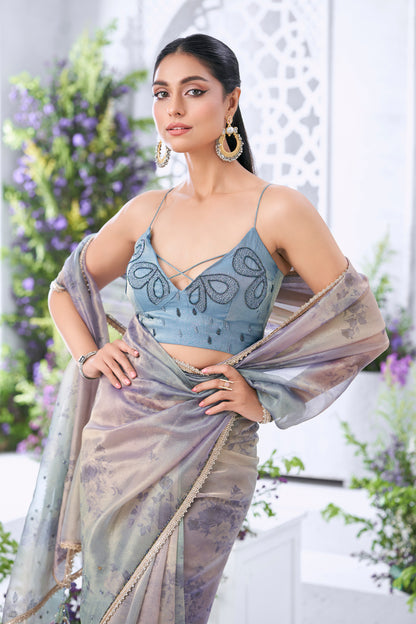 Lavender spray concept Floral Printed Saree with hand Embroidered Blouse
