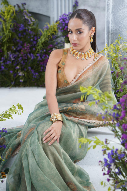 Floral Printed Sea Green tasseled embellished Saree