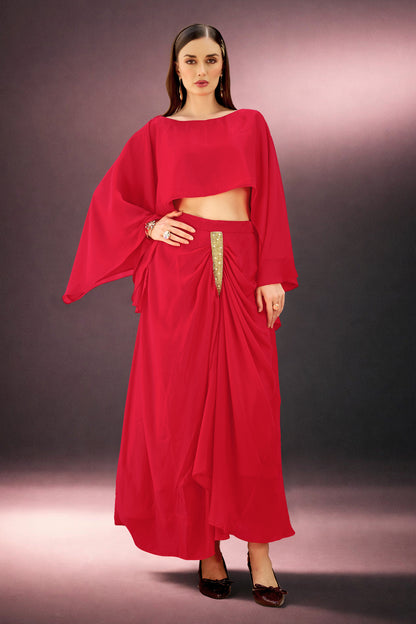 Hot Red Draped Skirt & Top Set