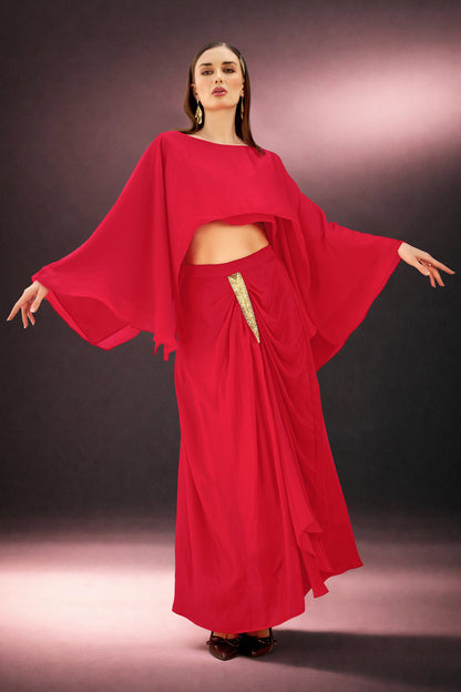 Hot Red Draped Skirt & Top Set