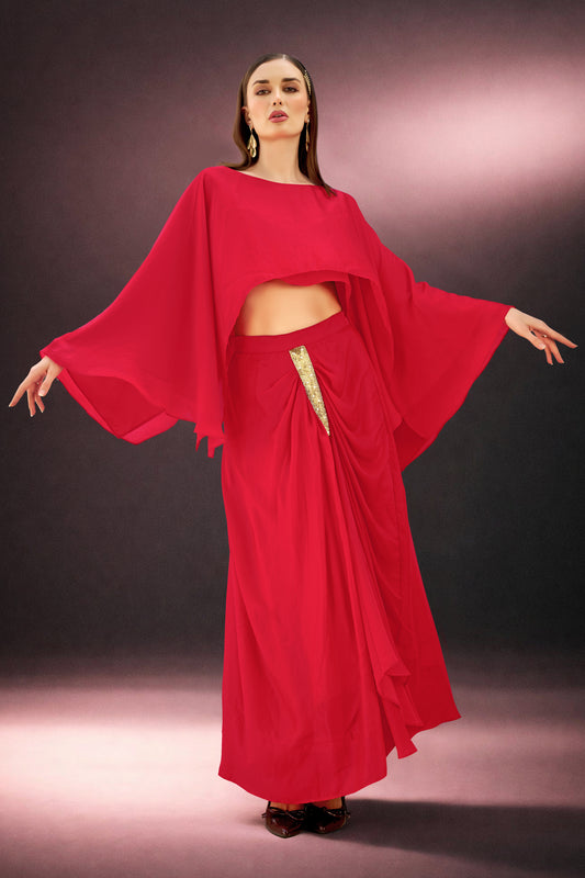 Hot Red Draped Skirt & Top Set