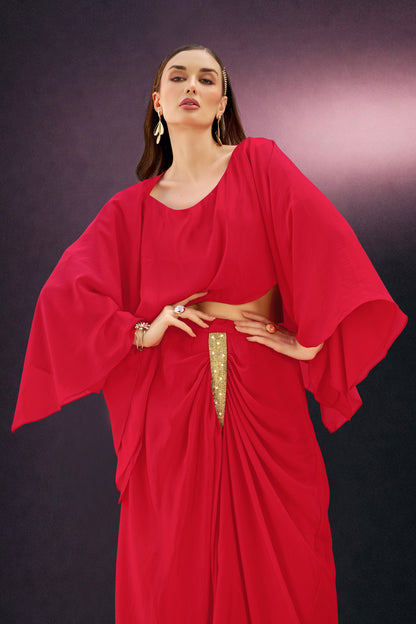 Hot Red Draped Skirt & Top Set